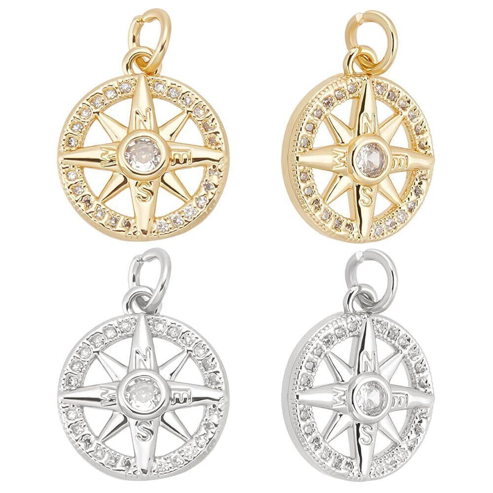 6246 1 Box 10Pcs Compass Pendant Charms 18K Gold Plated Brass 925 Sterling
